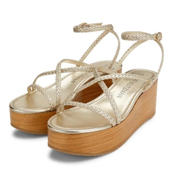 Stuart Weitzman Wovette Gold Metallic Leather Woven Wedge Braided Sandal Heel 9 - Picture 1 of 9